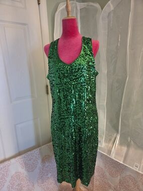 NWT Bright Bold Green Sequin Sleeveless Midi Dress Maner 3XL Evening Glam Look